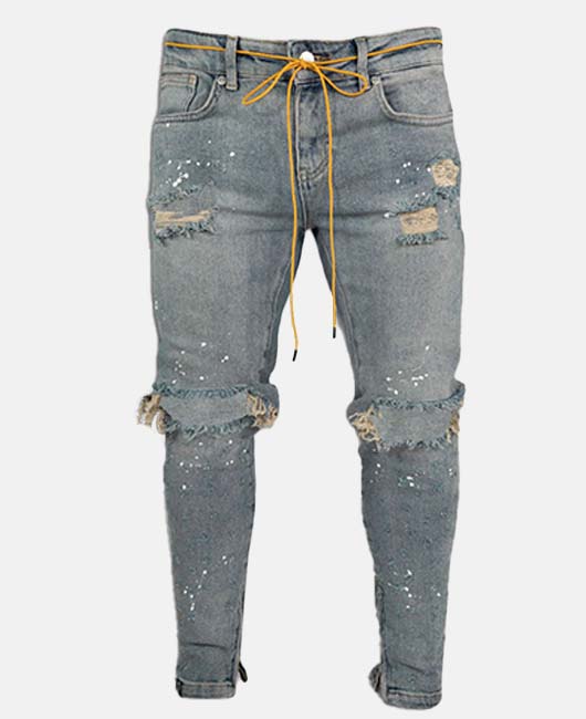 Denim Ripped Raw Edge Lace Up Decor Pencil Jeans