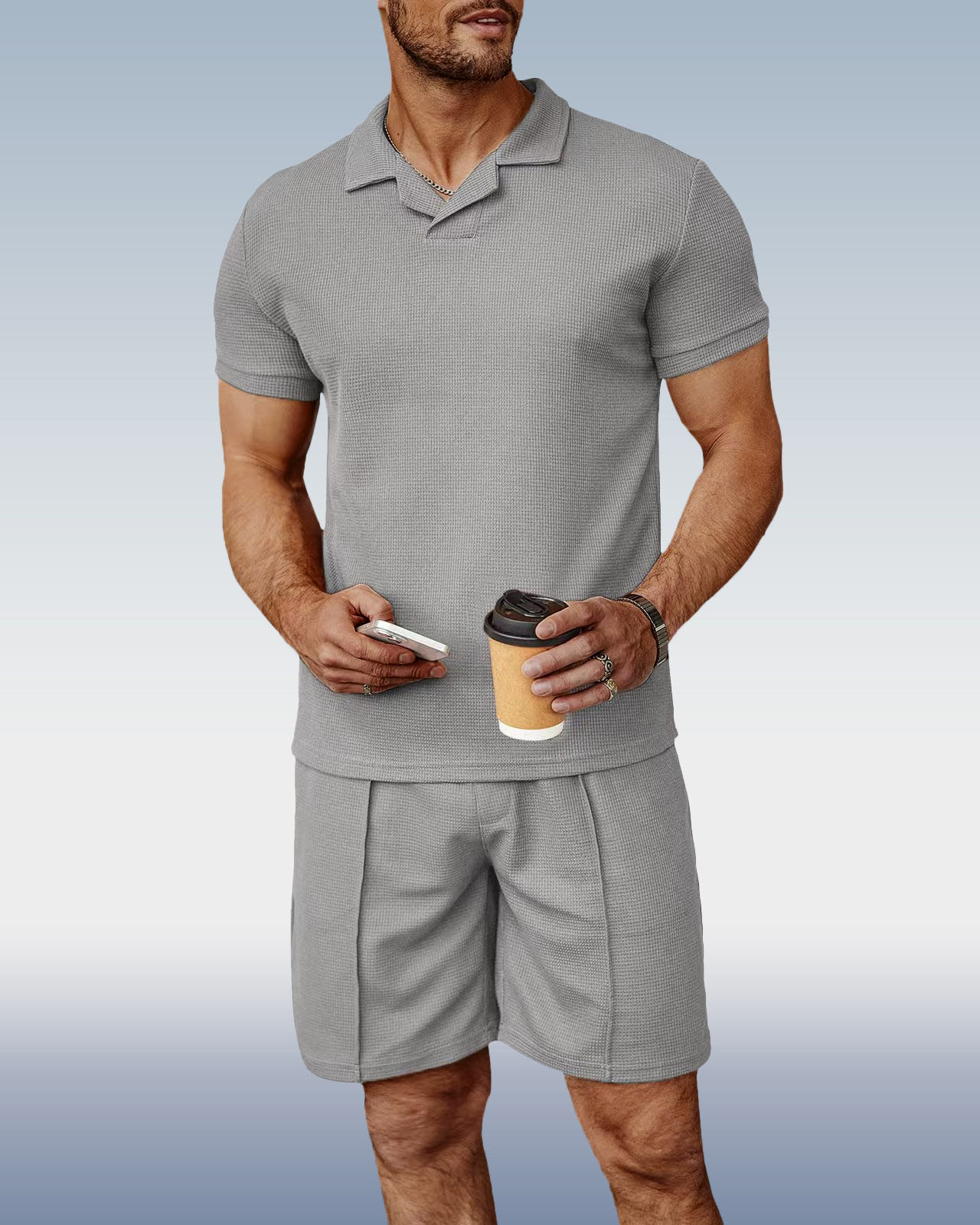 Men's Gray Knit V-Neck Polo Shirt
