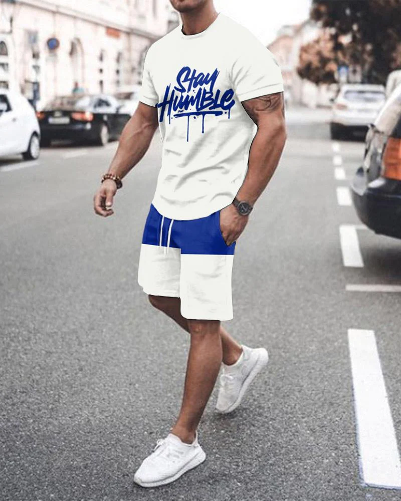 Men's Blue and White Print Shorts Suit